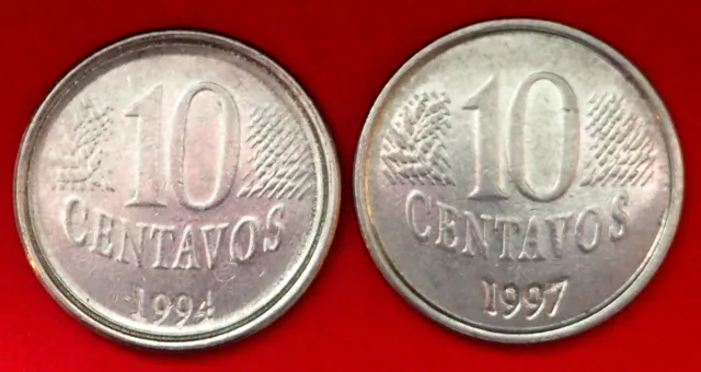 Brazil Pair Very Collectable Ten Centavos Coins 1994 & 1997  Both In Good Grades