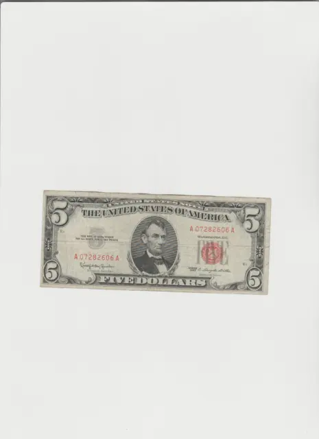 1963 Five Dollar RED Seal Note United States Note Old US Bill $5 Lightly Circ