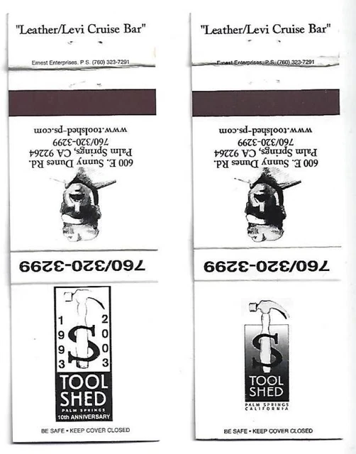 2 Gar Bar Matchbooks Tool Shed Palm Springs, CA -  'Leather-Levi Cruise Bar'