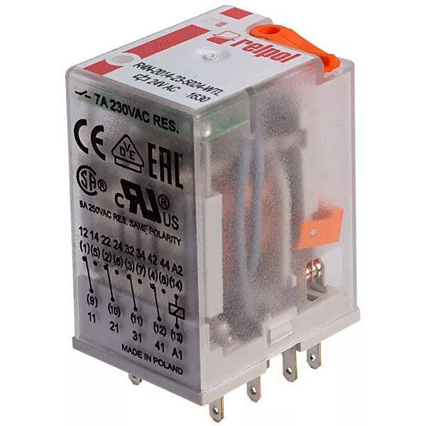 Relpol R4N-2014-23-5024-WTL Industrial 24V AC 7A 4PDT Plug-In Relay
