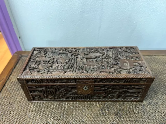 19th Century Chinese Antique  Fine Hand Carved Sandalwood Box 晚清精品细路十三行雕刻檀香木盒