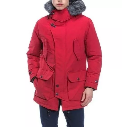 Nautica Red Mens Size M Down Blend Parka Faux Fur Hooded Zipped Jacket Full Zip