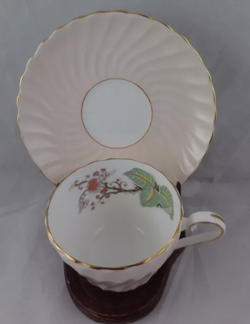 Aynsley Swirled Floral Teacup and Saucer Set With Salmon Pink Interior, English 2