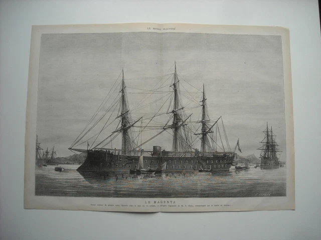 1875 ENGRAVING.  LE MAGENTA.  1st RANK BREASTPLATE SHIP, FIRE IN TOULON HARBOUR