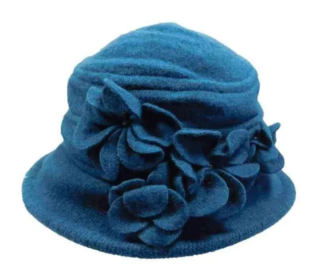 Flower Petals Cloche Beanie Wool Hat Teal Rhinestone Studded One Size