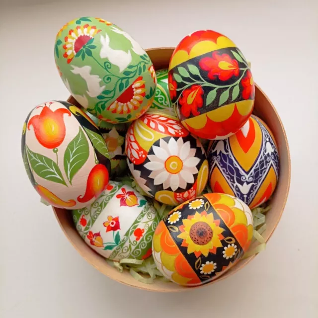 Easter Ornaments Hand painted Wooden Eggs Pysanky Set of 3 eggs in gift box