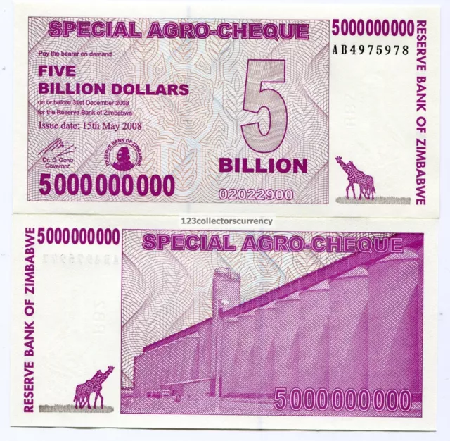 Zimbabwe 5 milliards de dollars 2008 Agro Check UNC Banknote P61 - Lot de... 2