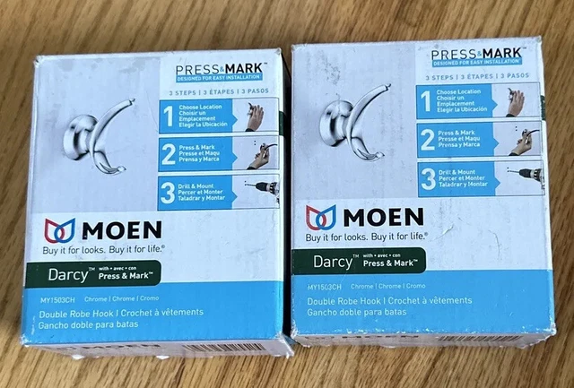 NEW (2x) MOEN Darcy MY1503CH Double Robe Hook with Press and Mark in Chrome