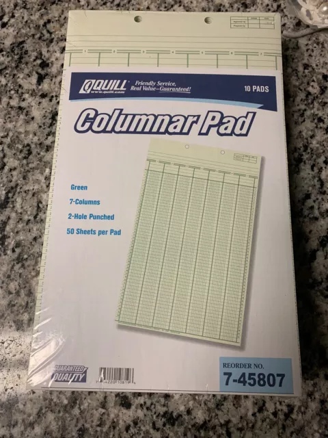 Lot 10 NEW Sealed Green Quill 7 Column Columnar Pad, 8 1/2" x 14” 2 hole punch
