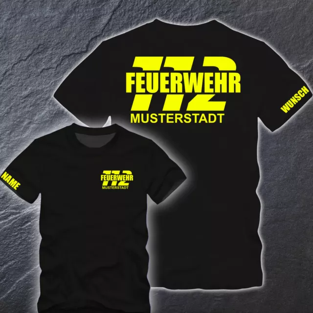 Feuerwehr T-Shirt schwarz FW1500 einfarbig beidseitig Wunschstadt +  Wunschname