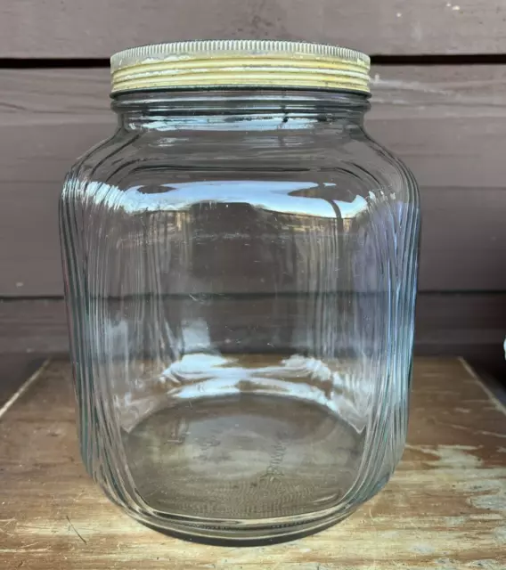 Vintage Ribbed Hoosier Glass Cannister Jar with Tan Screw On Lid - Duraglas 8"