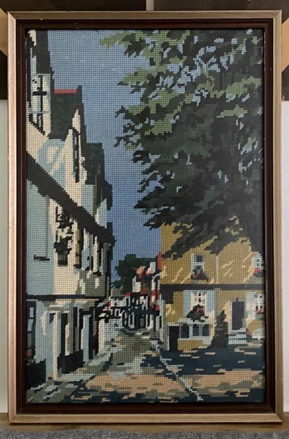 Vintage Framed Tapestry Cross Stitch Village Cobble Street Scene 36cm x 54cm 2