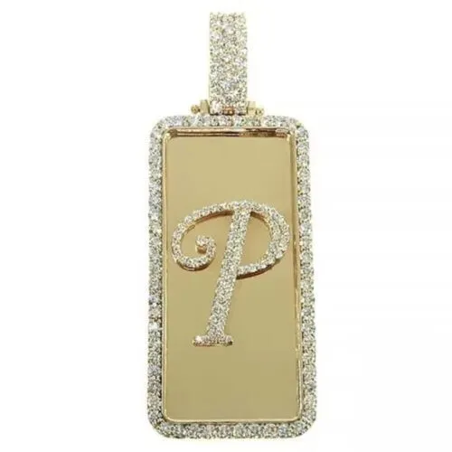 2Ct Round Moissanite Mens Dogtag Initial P Letter Pendant 14k Yellow Gold Plated