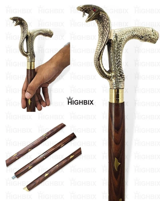 Handmade Brass antique Cobra Head Handle 3-fold Wooden Walking Stick Cane Gift