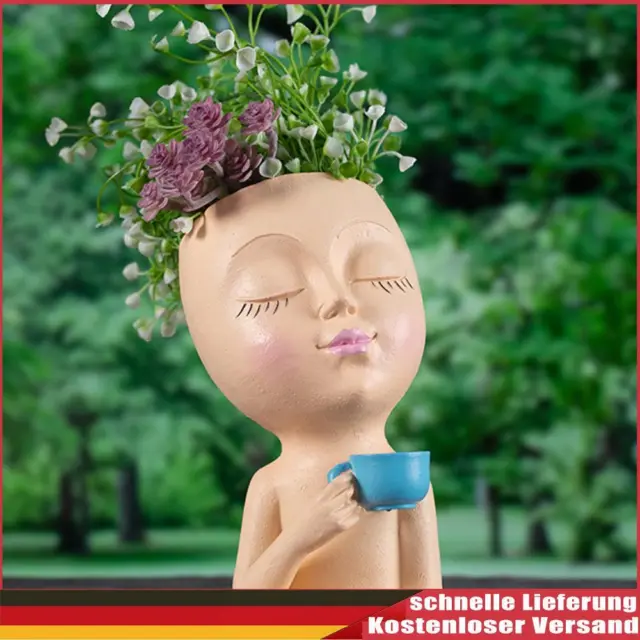 Resina sintética café niña estatua maceta adorno arreglo floral jarrón (piel