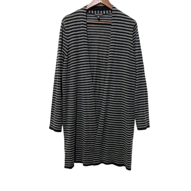 Eileen Fisher Long Line Cardigan Size L 100% Merino Wool Black Gray Striped