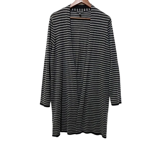 Eileen Fisher Long Line Cardigan Size L 100% Merino Wool Black Gray Striped