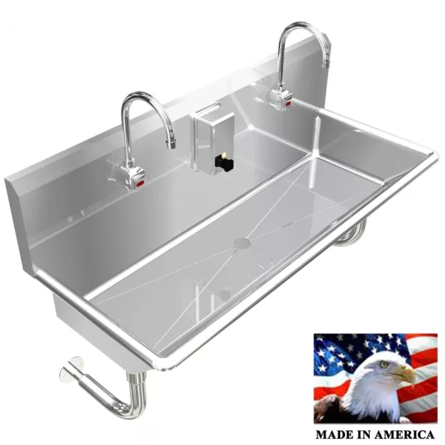 Hand Sink 2 Station 40" Wash Up Sink Hands Free 304 Stainless Steel Wall Mount