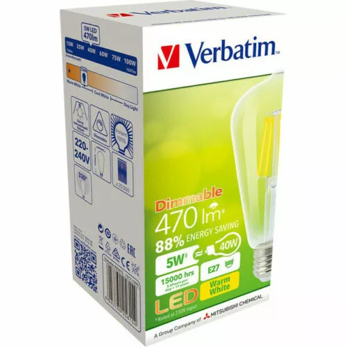 8 X VERBATIM E27 LED Filament St-64 Clear Pear Dim 5W 470Lm 2700K DIMMABLE