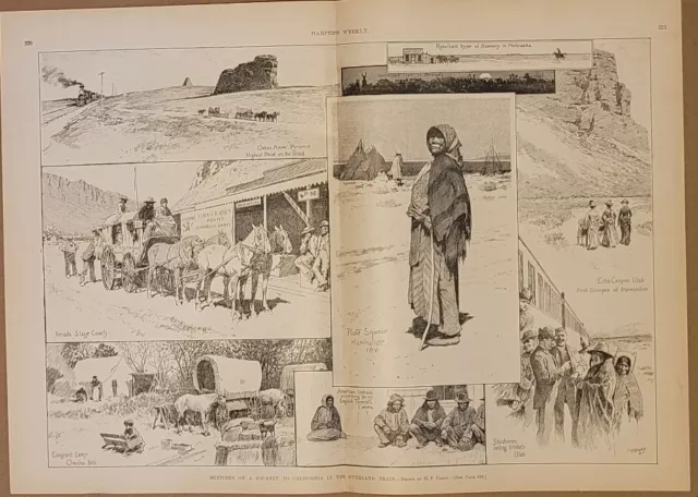 Overland Train to California 1890 interesting vintage print  Far West   9 scenes