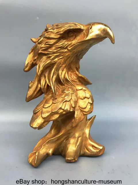 9.8 " China Bronze Gilt Fengshui Animal Eagle Bird Beast Bust Statue