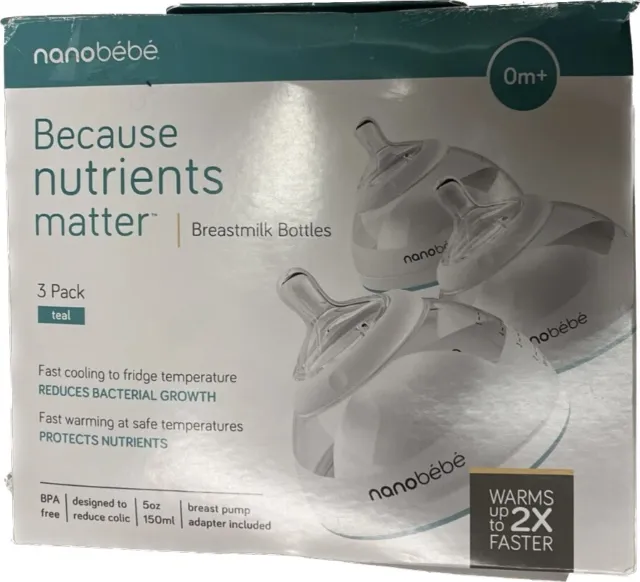 Baby Nanobebe Breastmilk Bottles 0m+ Newborn Stage 1 5oz/150ml White/Teal 3 Pack