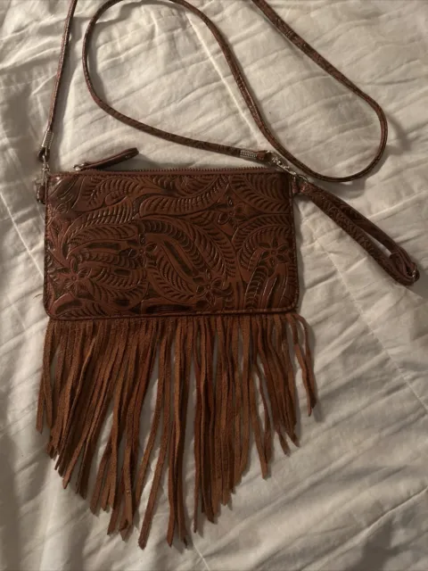 Street Level Faux Leather Fringe Crossbody/ Wristlet Purse Satchel Brown Hippie