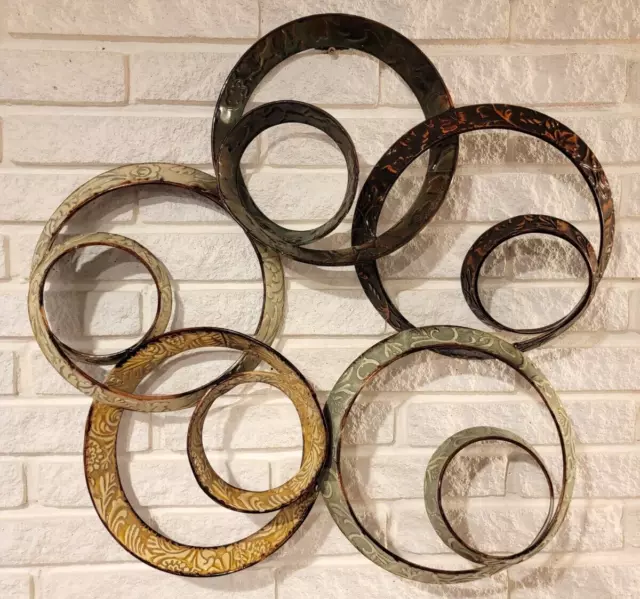 Metallic Rings Circles Wall Art Sculpture, Rustic Earth Tone, Metal Geometric