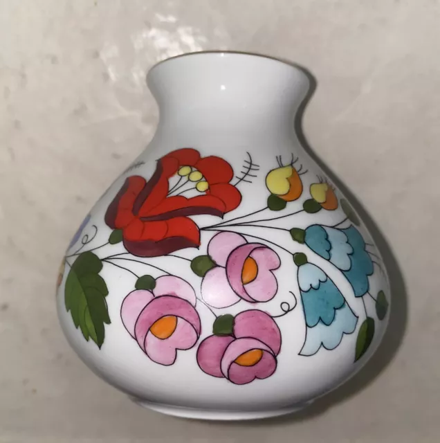 Vintage Kalocsa Hungary Porcelain Vase Colorful Hand Painted Flowers 3.5”