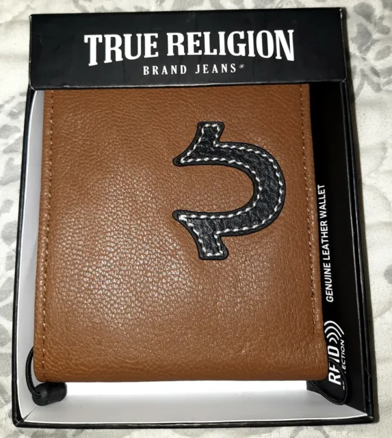 True Religion Brand Mens Weston Genuine Leather BiFold Wallet Brown RFID NIB