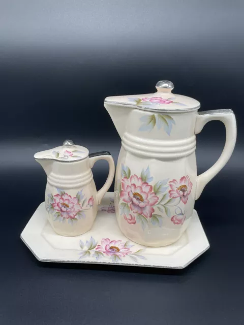 Vintage Ceramic Pitcher Set Floral Ceramic Pitcher Pancake Batter Syrup & Tray