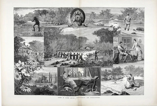ENGLAND Devon Trout Fishing & Otter Hunting Otterhound, Huge 1880s Antique Print