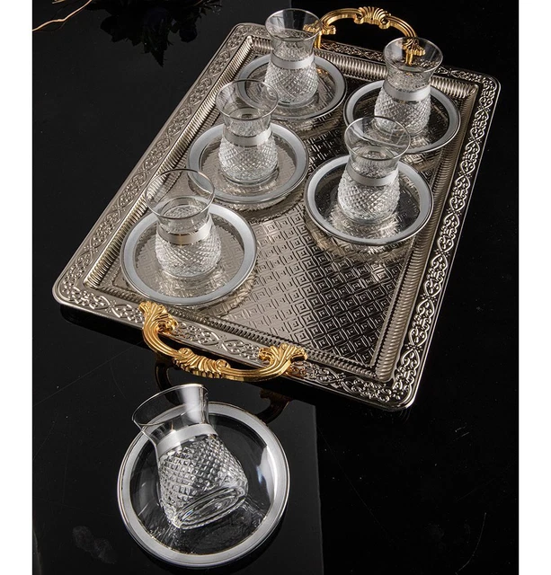 Turkish Luxury 6 Piece Tea Cup Set | Rectangular Tray - Silver | 95-713-K-11