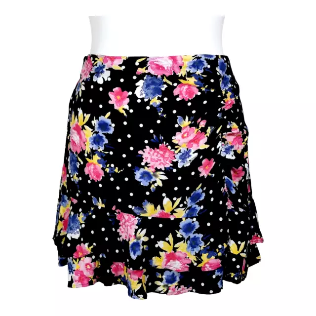 NEXT Short Black Floral Skirt Size 12 14 Mini Ruffle Spots Elastic Waist