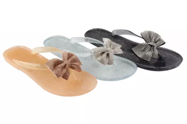 Womens Flat Jelly Sandals Ladies Toe Post Flip Flops Bow Glitter Summer Sandals
