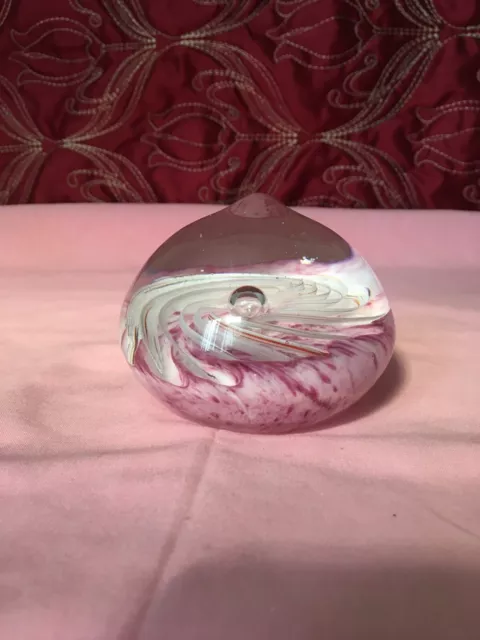 Art Glass Paperweight Heavy With Nipple Top Pink And White Spirals Collectable