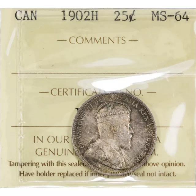 Canada 1902-H 25 Cents Quarter Silver Coin - ICCS MS-64