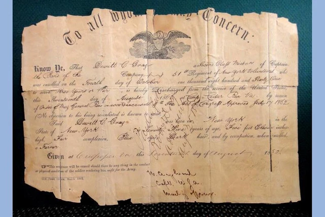 1862 antique CIVIL WAR DISCHARGE PAPER dewitt GRAY/GREY 51st reg ny culpeper va