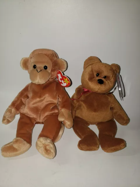 Ty Beanie Babies Lot of 2 Teddy and Bongo Bear Monkey