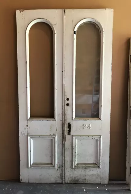 Pair Antique Victorian Arched Glass Top Entrance Doors 26x97 Old VTG 1168-23B