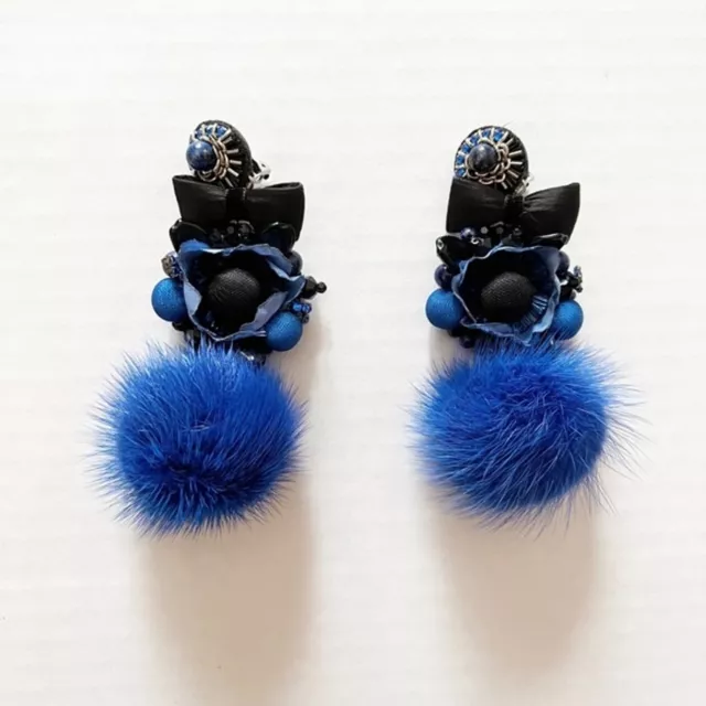Ranjana Khan Blue Fur Pom Drop Earrings Handmade