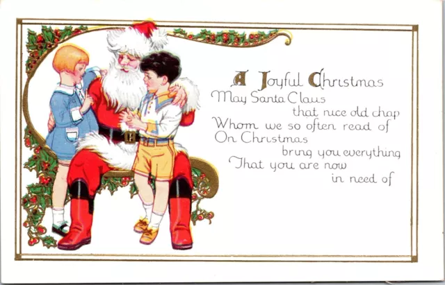 Christmas Santa Claus Boy Shorts Girl Dress Embossed Gold c1910s postcard P10
