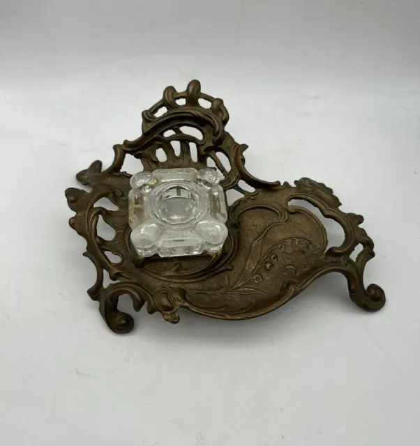 Vintage Ornate Solid Brass Inkwell Crystal Well Art Nouveau Style Ink Desk