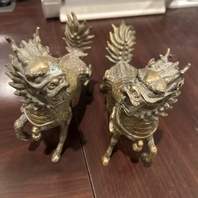 Chi Lin (Qi Lin, Kirlin) Pair Dragon Horse “protector” Solid Bronze