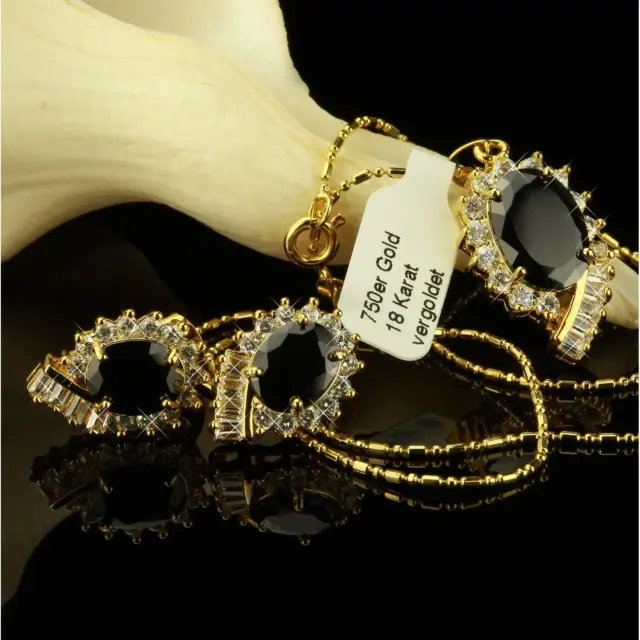Schmuckset Kette Ohrringe Anhänger Zirkonia schwarz 750er Gold vergoldet S2311L