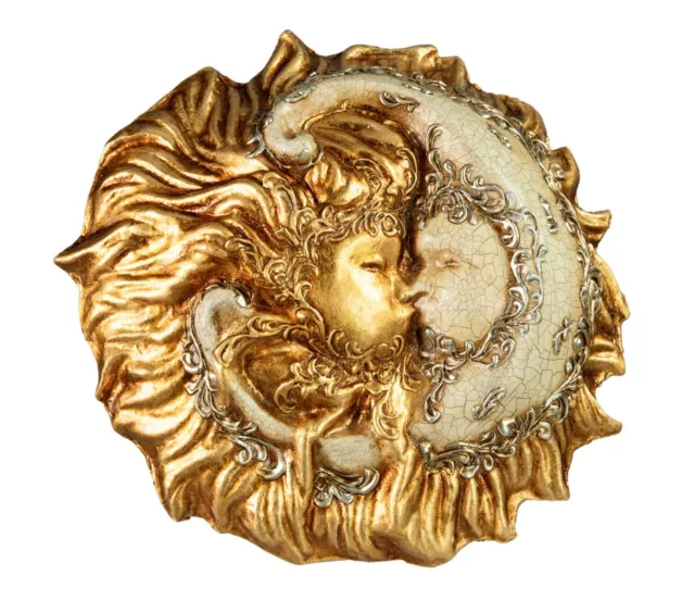 Máscara Veneciana Sol Y Luna Baiser- Papel Mache Dorado - Deco de Pared - 2390
