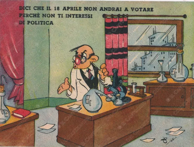 1948 Votazioni 18 Aprile scienziato Propaganda politica cartoncino pubblicitario
