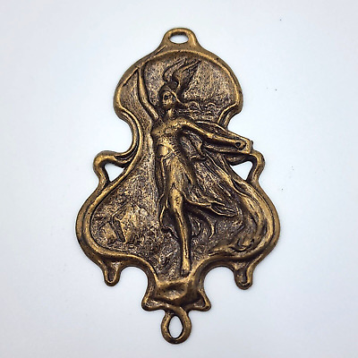 Art Nouveau Winged Helmet Goddess Woman Stamped Brass Pendant / Decorative Piece