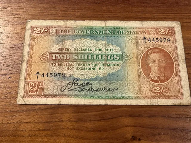 MALTA  2 SHILLINGS, Pic# 17a   KGVI, ND  (1942). Prefix A/1  (RARE SIGNATURE)