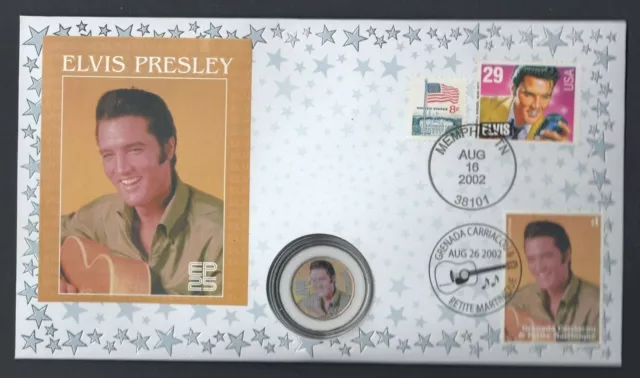 Elvis Presley USA & Grenada stamps on 2002 25th Anniversary Coin Cover Music